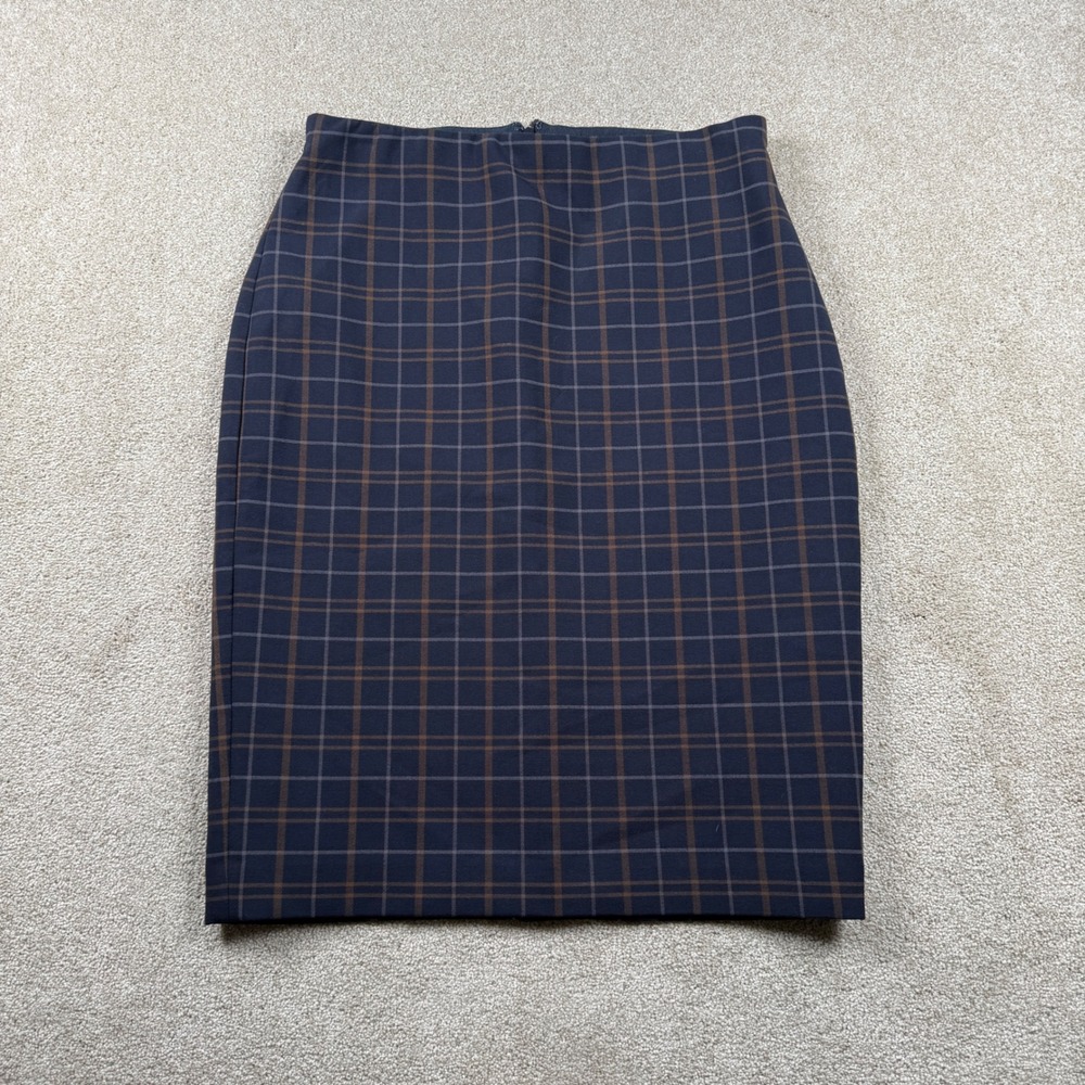 Ann Taylor Womens 6 Navy Brown Plaid Pencil Skirt Professional Career Business